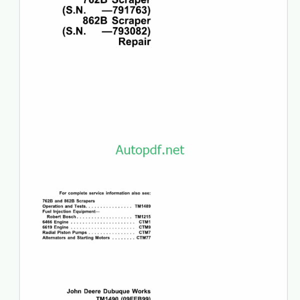 John Deere 762B and 862B Scraper Repair Technical Manual (TM1490)