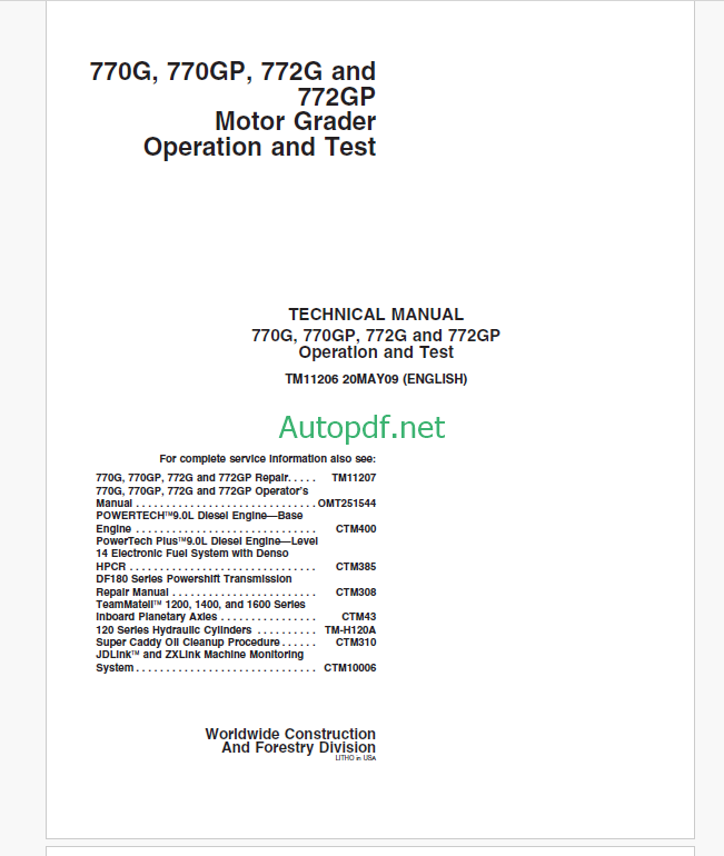 John Deere 770G, 770GP, 772G and 772GP Motor Grader Operation and Test Technical Manual