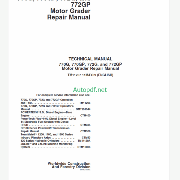 John Deere 770G, 770GP, 772G and 772GP Motor Grader Operation and Test Technical Manual