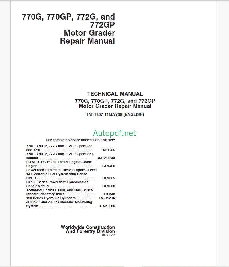John Deere 770G, 770GP, 772G and 772GP Motor Grader Operation and Test Technical Manual