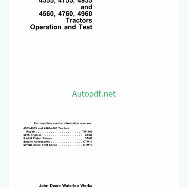 John Deere 4555 4755 4955 and 4560 4760 4960 Tractors Operation and Test Technical Manual (TM1461)
