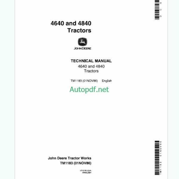 John Deere 4640 and 4840 Tractors Technical Manual (TM1183)