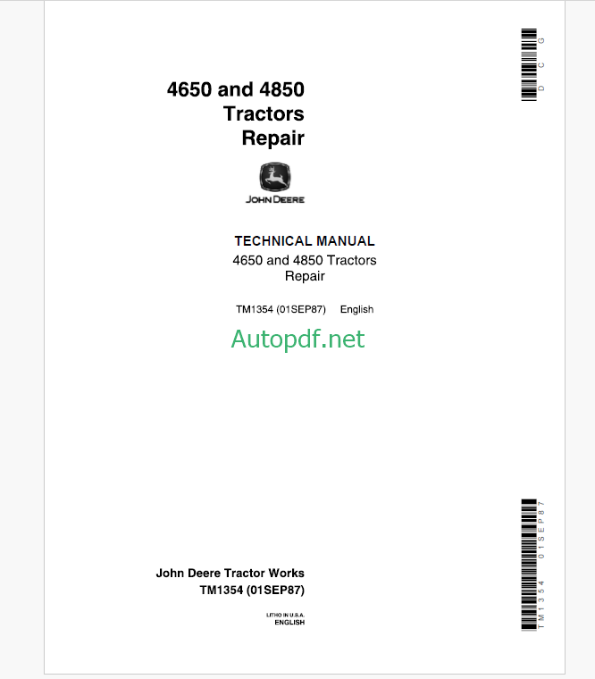 John Deere 4650 and 4850 Tractors Repair Technical Manual (TM1354)