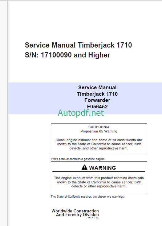 Timberjack 1710 Forwarder Service Manual (SN 17100090 and UP)