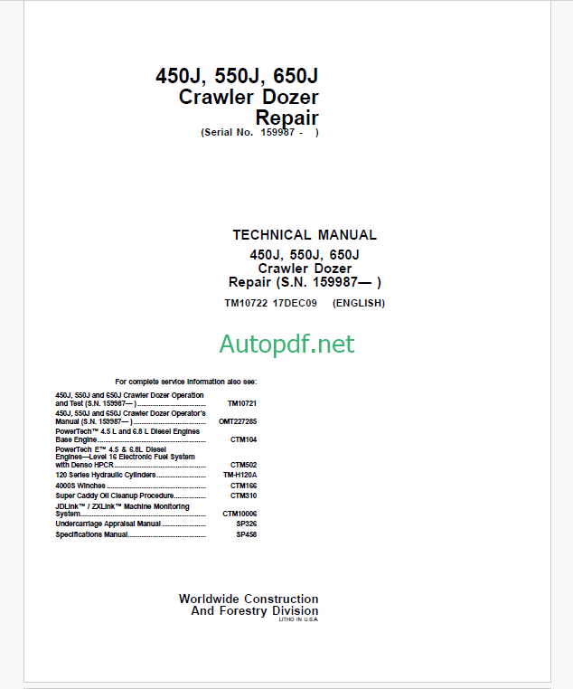 Timberjack 450J 550J 650J Crawler Dozer Repair Technical Manual