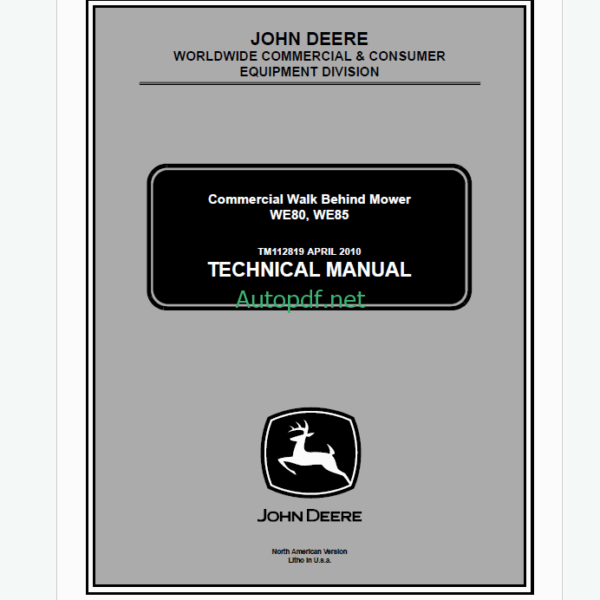 John Deere WE80, WE85 Commercial Walk Behind Mower Technical Manual (TM112819)