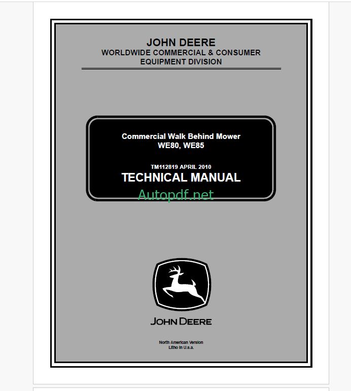 John Deere WE80, WE85 Commercial Walk Behind Mower Technical Manual (TM112819)
