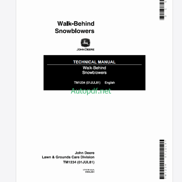 John Deere Walk-Behind Snowblowers Technical Manual (TM1234)