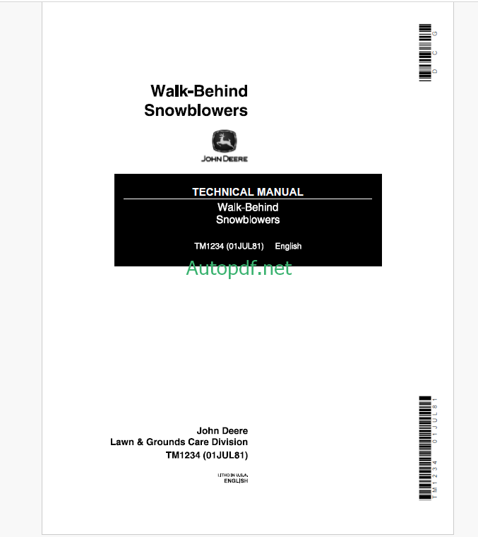 John Deere Walk-Behind Snowblowers Technical Manual (TM1234)
