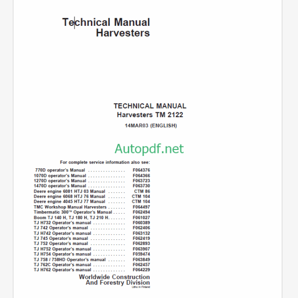 John Deere Timberjack TM 2122 Harvesters Technical Manual