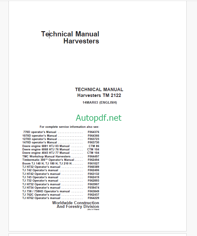 John Deere Timberjack TM 2122 Harvesters Technical Manual