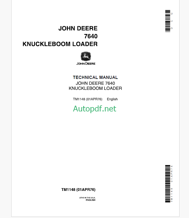 John Deere 7640 Knuckleboom Loader Technical Manual (TM1148)
