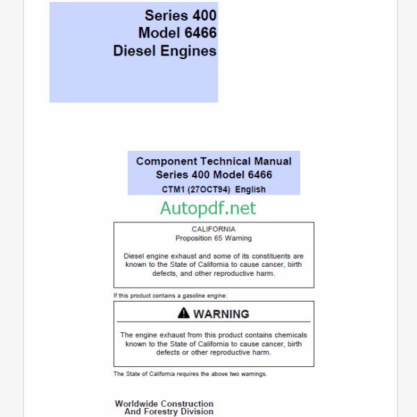John Deere Series 400 Model 6466 Diesel Engines Component Technical Manual (CTM1)
