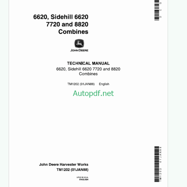 John Deere 6620 Sidehill 6620 7720 and 8820 Combines Technical Manual (TM1202)