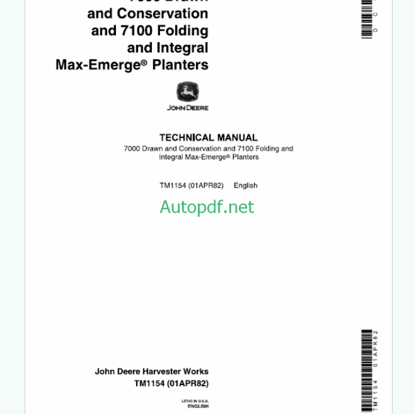 John Deere 7000 Drawn and Conservation and 7100 Folding and Integral Max-Emerge Planters Technical Manual (TM1154)