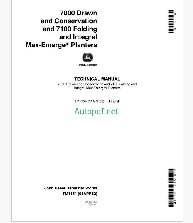 John Deere 7000 Drawn and Conservation and 7100 Folding and Integral Max-Emerge Planters Technical Manual (TM1154)
