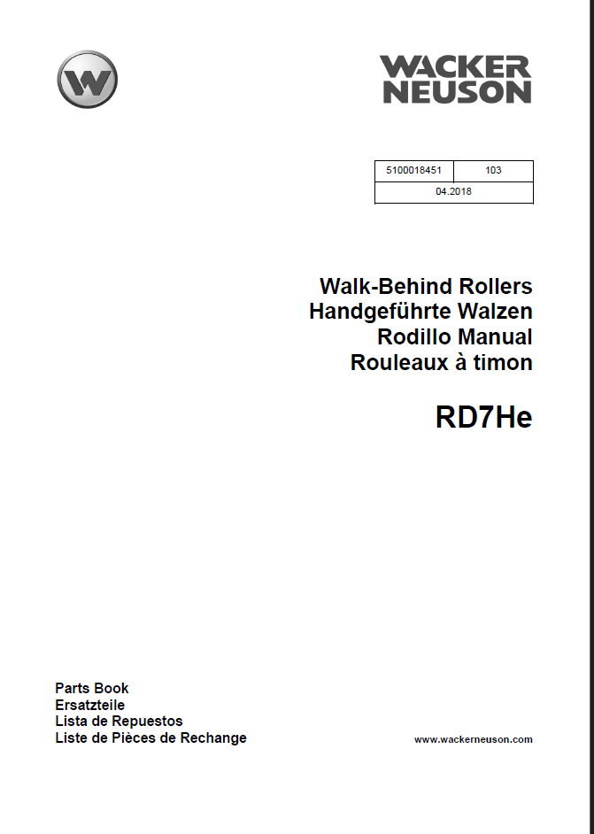 Wacker Neuson RD7He Walk-Behind Rollers Parts Manual