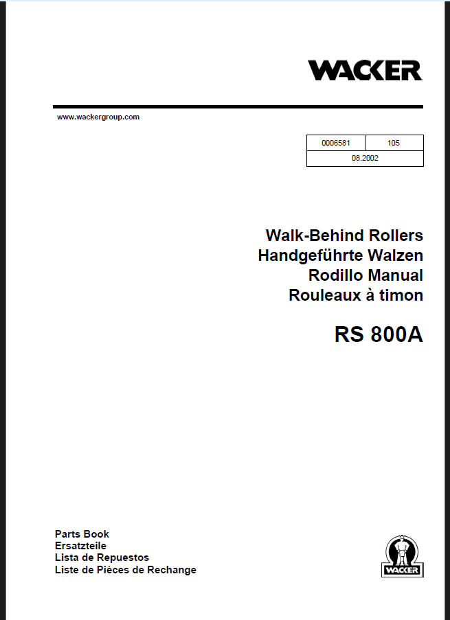 Wacker Neuson RS800A Walk-Behind Rollers Parts Manual