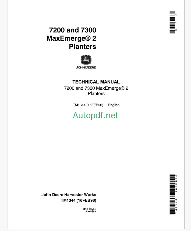 John Deere 7200 and 7300 MaxEmerge2 Planters Technical Manual (TM134