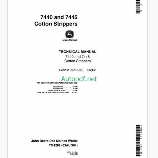 John Deere 7440 and 7445 Cotton Strippers Technical Manual (TM1282)