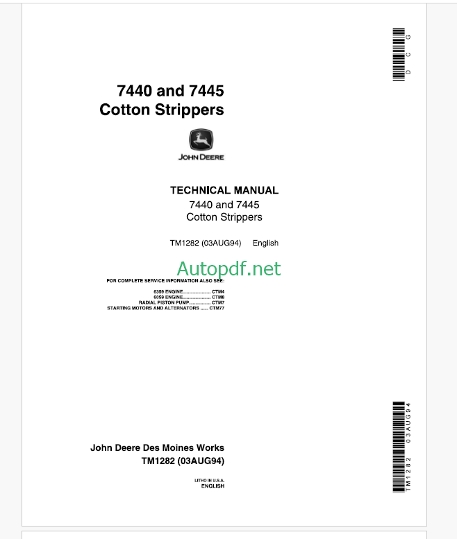 John Deere 7440 and 7445 Cotton Strippers Technical Manual (TM1282)
