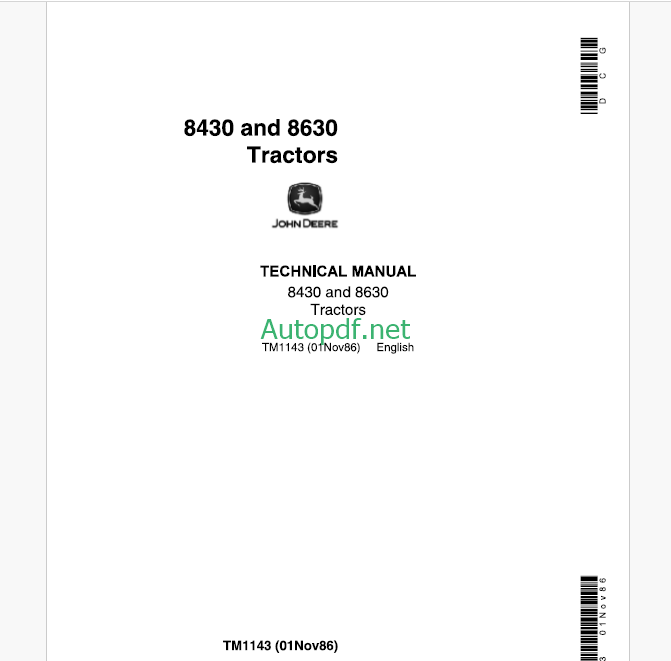 John Deere 8430 and 8630 Tractors Technical Manual (TM1143)