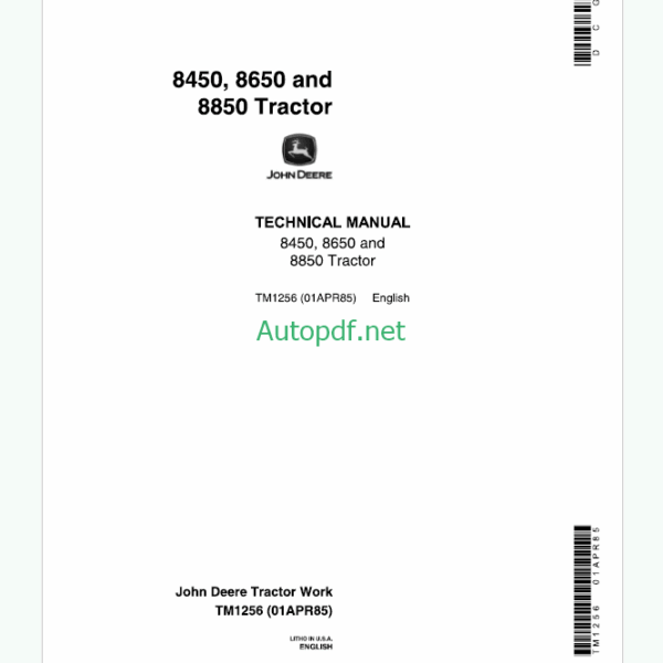 John Deere 8450 8650 and 8850 Tractor Technical Manual (TM1256)