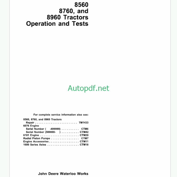 John Deere 8450 8650 and 8850 Tractor Technical Manual (TM1256)
