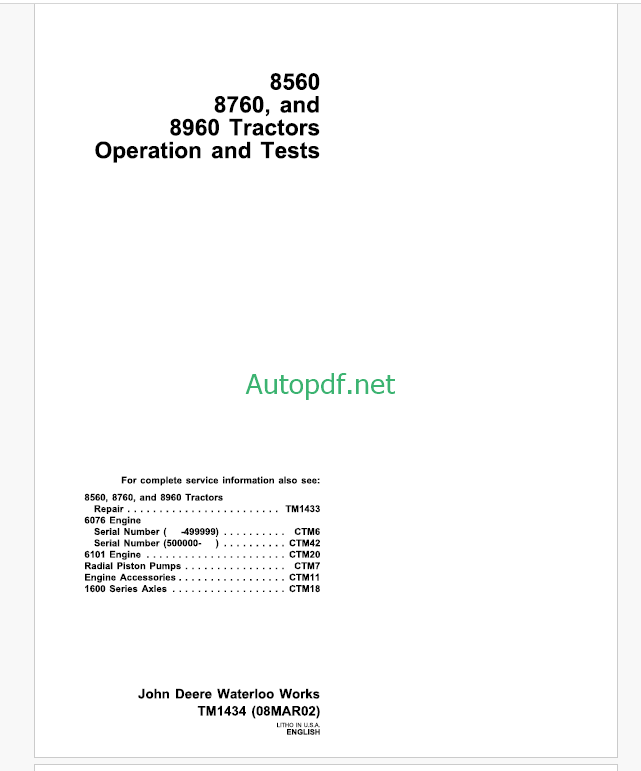 John Deere 8450 8650 and 8850 Tractor Technical Manual (TM1256)