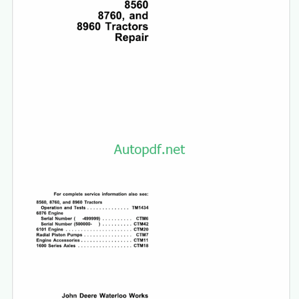 John Deere 8560 8760 and 8960 Tractors Repair Technical Manual (TM1433)