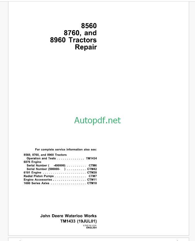 John Deere 8560 8760 and 8960 Tractors Repair Technical Manual (TM1433)