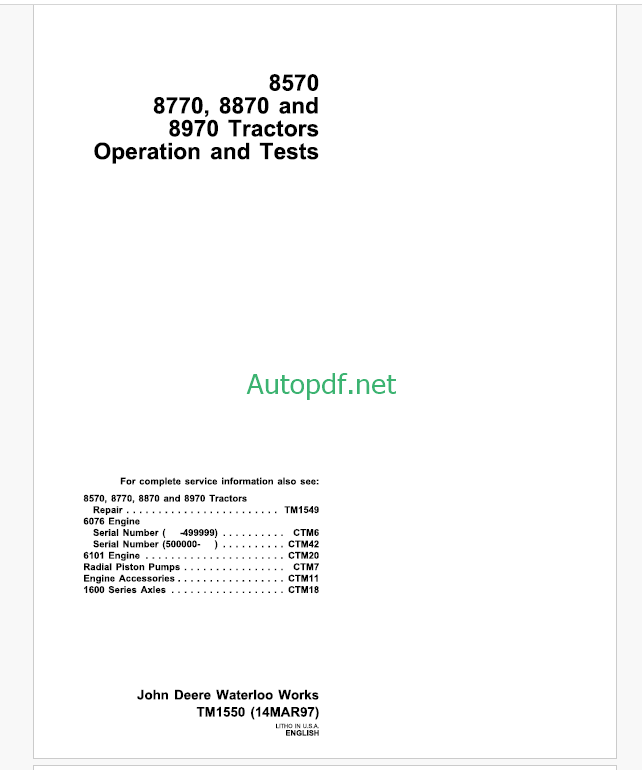 John Deere 8560 8760 and 8960 Tractors Repair Technical Manual (TM1433)