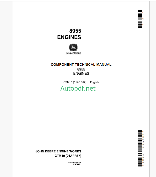 John Deere 8955 Engines Component Technical Manual (CTM10)