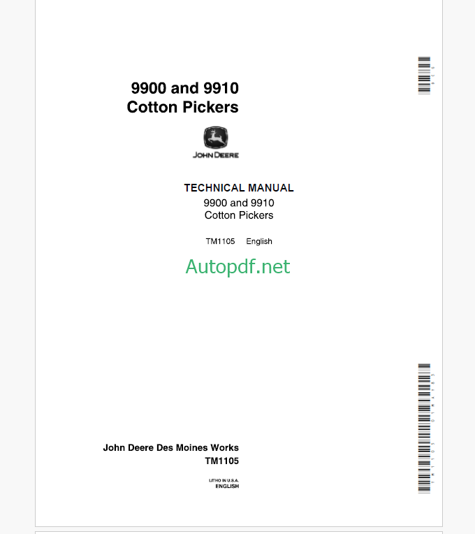 John Deere 9900 and 9910 Cotton Pickers Technical Manual (TM1105)