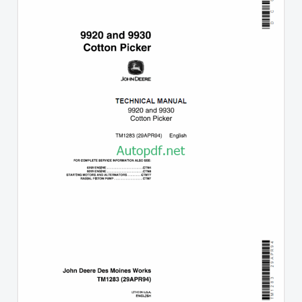 John Deere 9920 and 9930 Cotton Picker Technical Manual (TM1283)