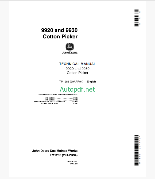 John Deere 9920 and 9930 Cotton Picker Technical Manual (TM1283)