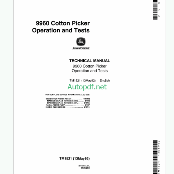 John Deere 9960 Cotton Picker Operation and Tests Technical Manual (TM1521)