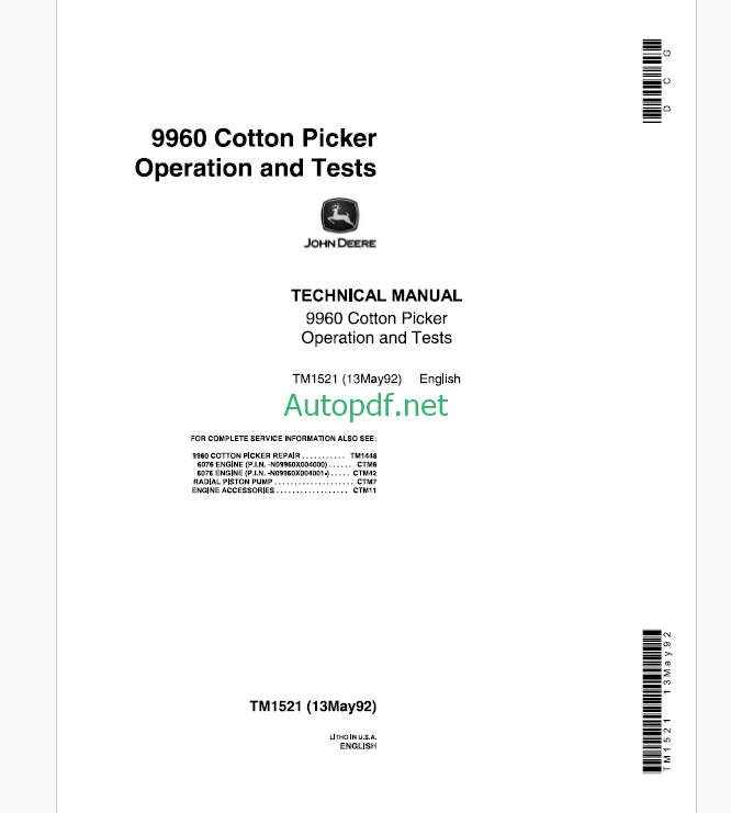 John Deere 9960 Cotton Picker Operation and Tests Technical Manual (TM1521)