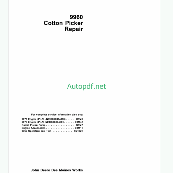 John Deere 9960 Cotton Picker Operation and Tests Technical Manual (TM1521)