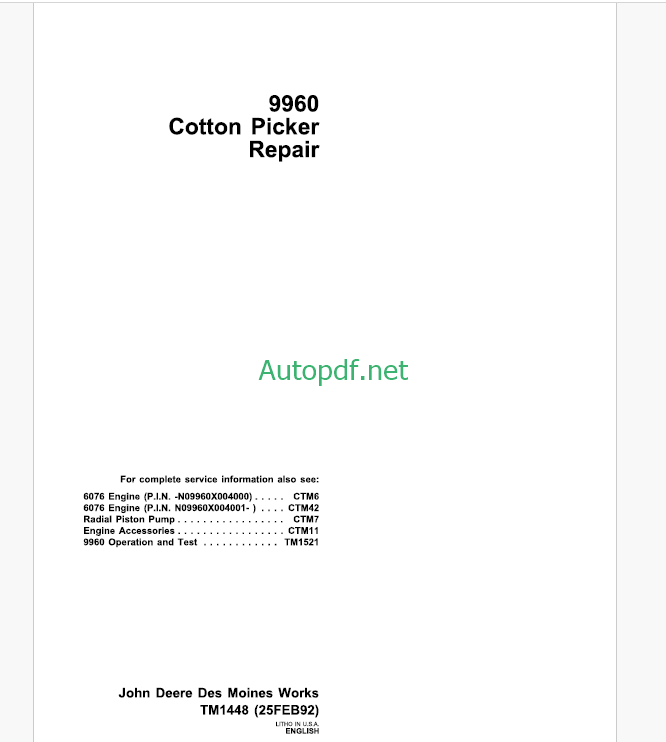 John Deere 9960 Cotton Picker Operation and Tests Technical Manual (TM1521)