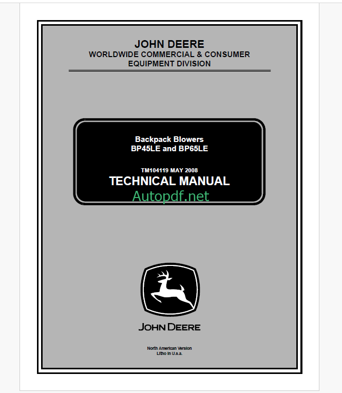 John Deere BP45LE and BP65LE Backpack Blowers Technical Manual (TM104119)