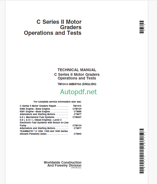 John Deere C Series II Motor Graders Operation and Test Technical Manual