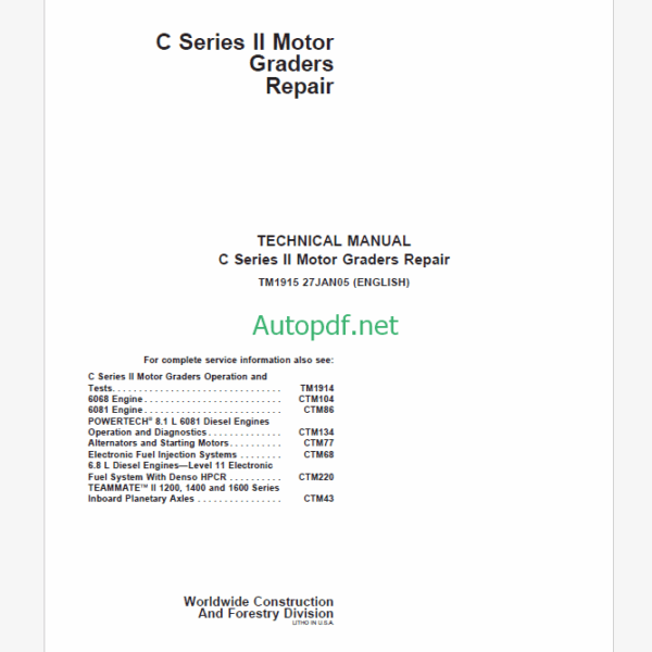 John Deere C Series II Motor Graders Repair Technical Manual