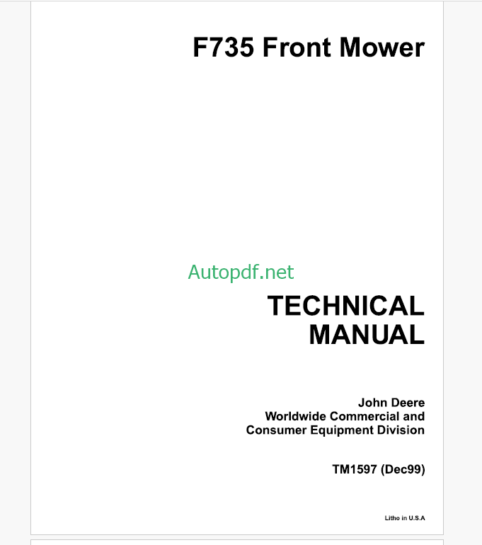 John Deere F735 Front Mower Tractors Technical Manual (TM1597)