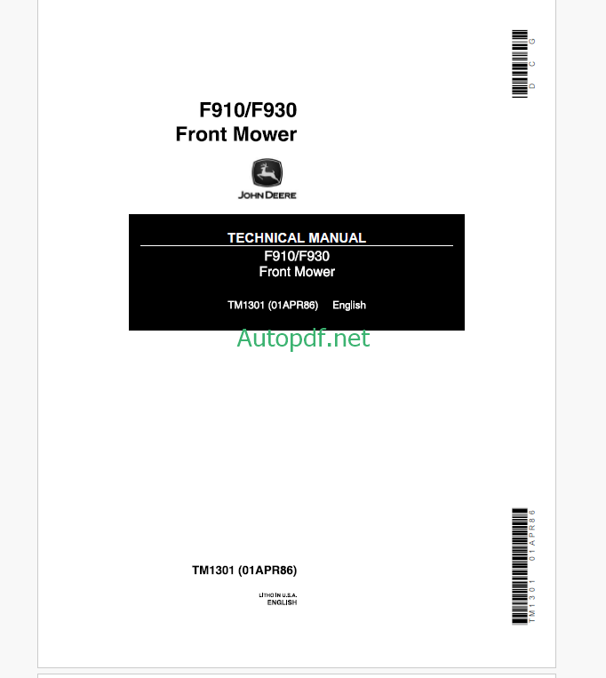 John Deere F910 F930 Front Mower Technical Manual (TM1301)