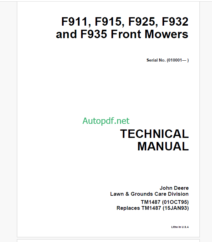 John Deere F911 F915 F925 F932 and F935 Front Mowers Technical Manual (TM1487)