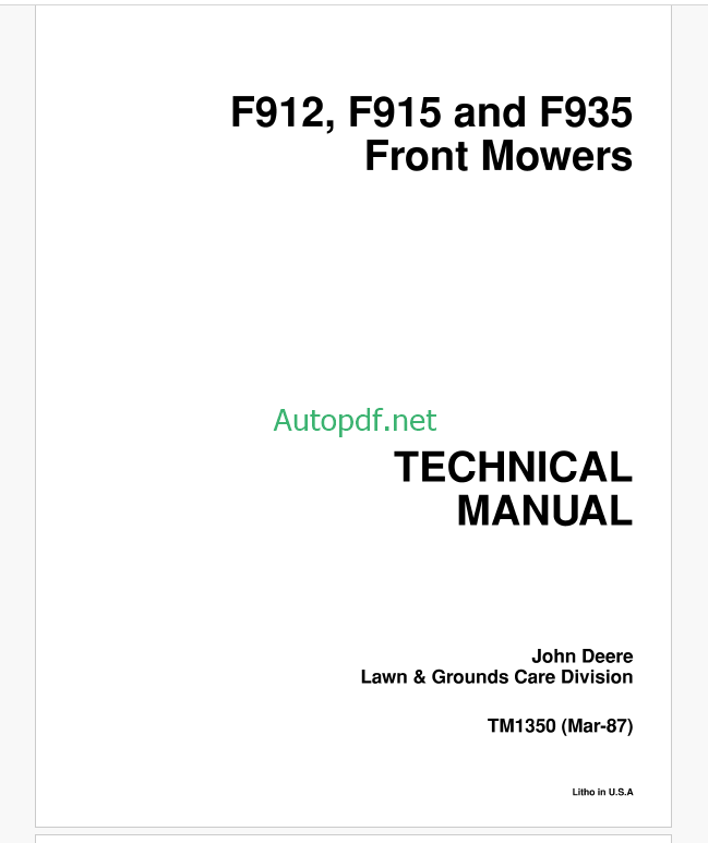 John Deere F912 F915 and F935 Front Mowers Technical Manual (TM1350)