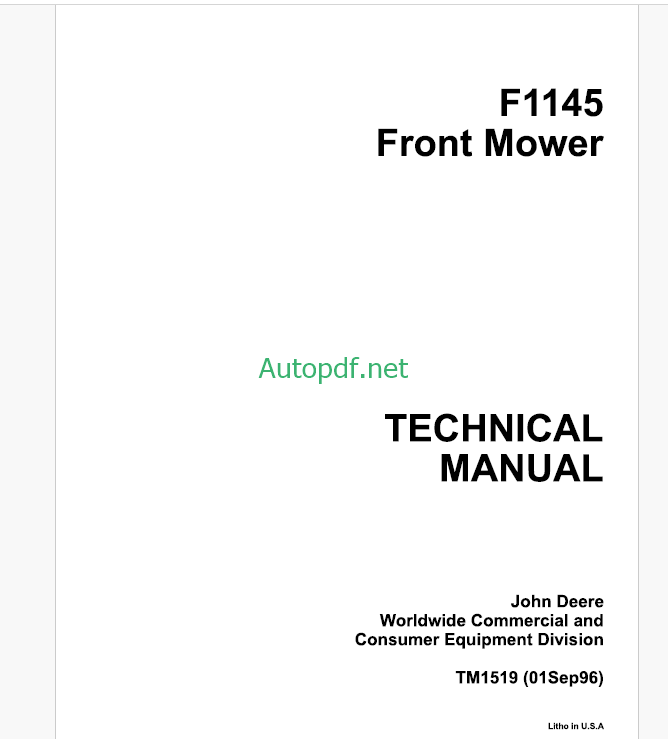John Deere F1145 Front Mower Technical Manual (TM1519)