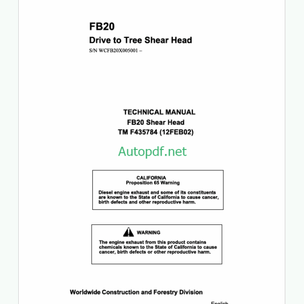 John Deere FB20 Drive to Tree Shear Head Technical Manual (TMF435784)