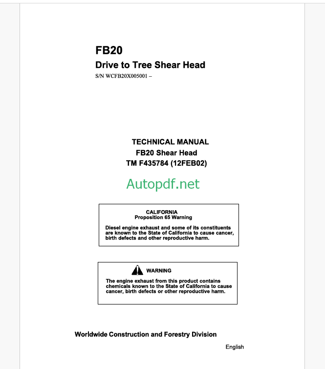John Deere FB20 Drive to Tree Shear Head Technical Manual (TMF435784)